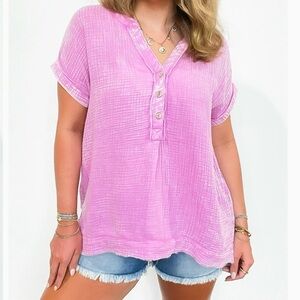 Zenana Juliette Washed Double Gauze Button Top, 1X/2x